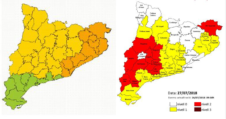 Mapa amb avís perill temperatures i risc potencial d'incendi