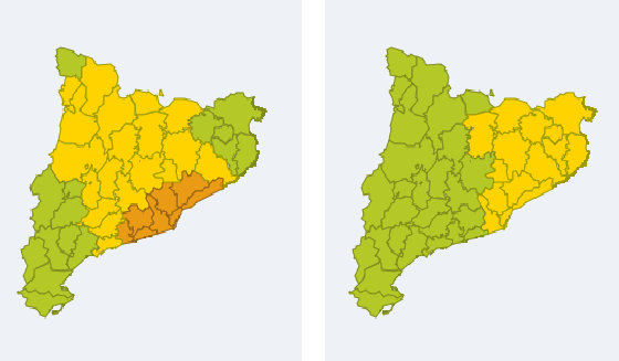 Mapes de perill per intensitat de pluja per dilluns entre les 00h i les 12h