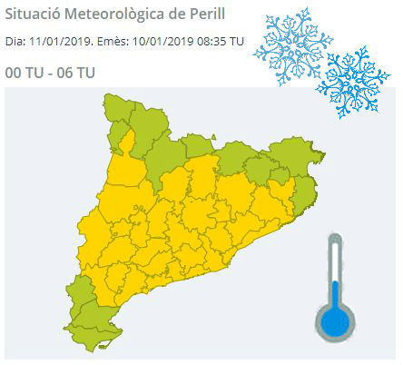 Mapa de perill per risc de fred entre la mitjanit i les 6h