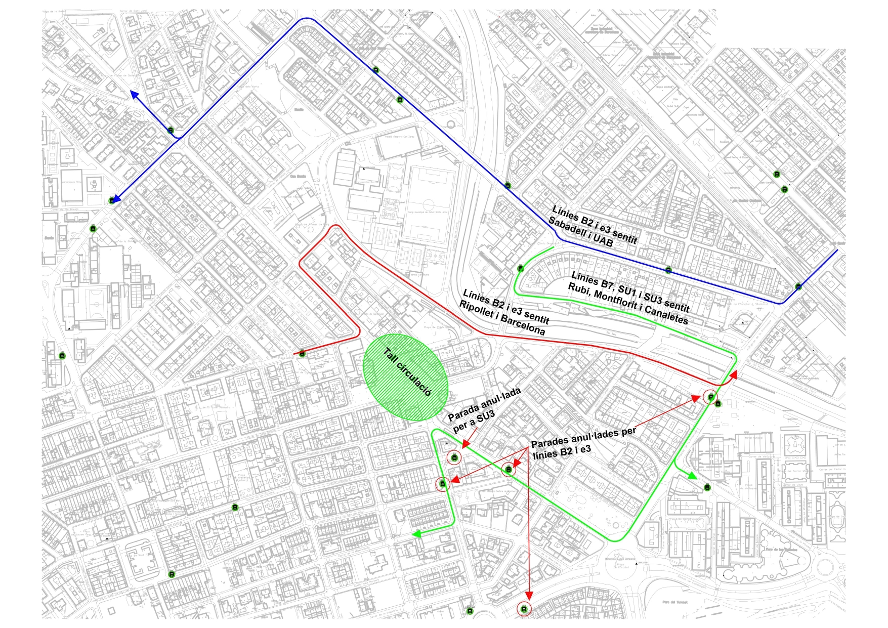 Mapa amb les afectacions que es produiran dimarts 23 d'abril al centre de la ciutat