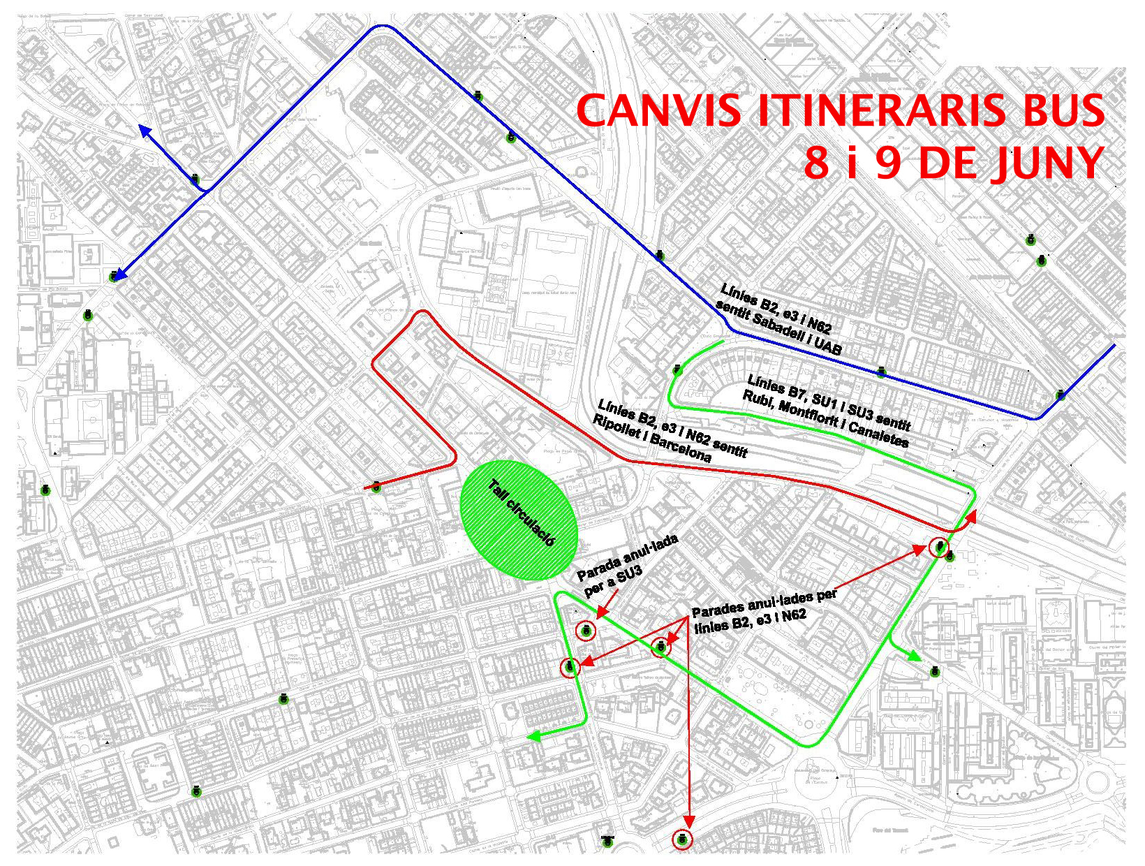 Plànol amb les rutes alternatives de les línies de bus afectades