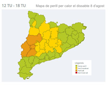 Mapa de perill per calor corresponent al dissabte 8 d'agost de 12h a 18h