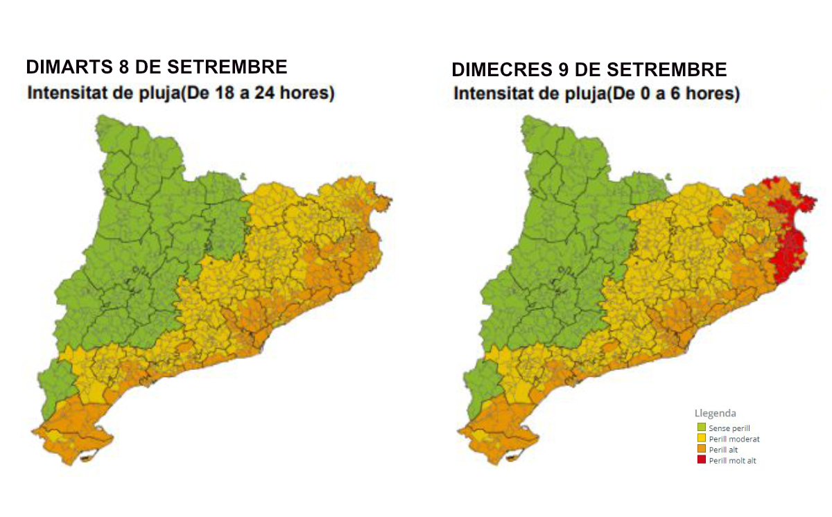 Mapa perill per intensitat de pluja 8 i 9 setembre