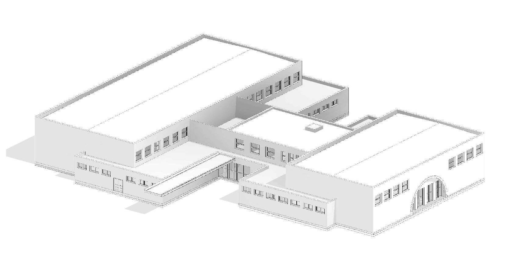 Perspectiva axonomètrica del CEM Can Xarau amb la 1a planta del vestíbul construïda