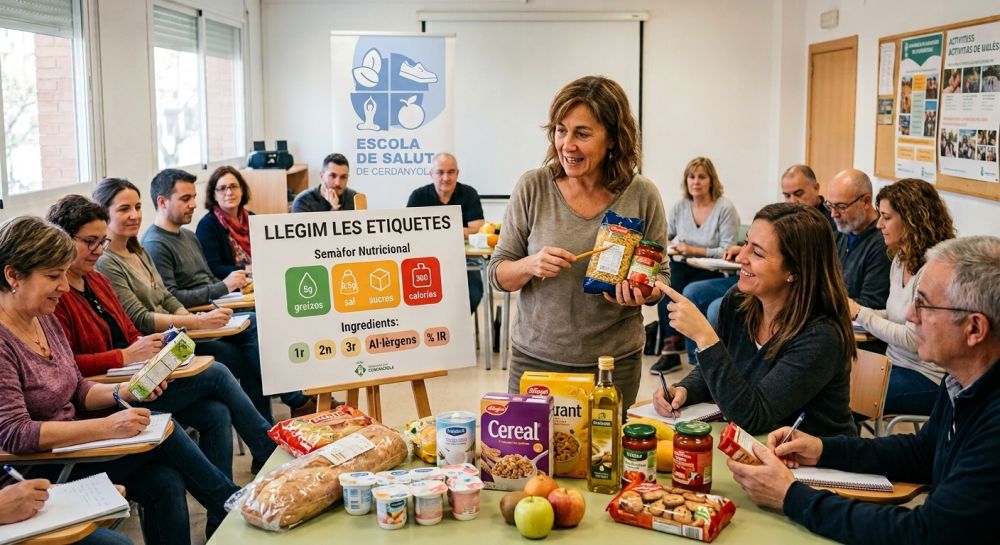 Imatge creada per IA simulant una xerrada sobre les etiquetes dels aliments