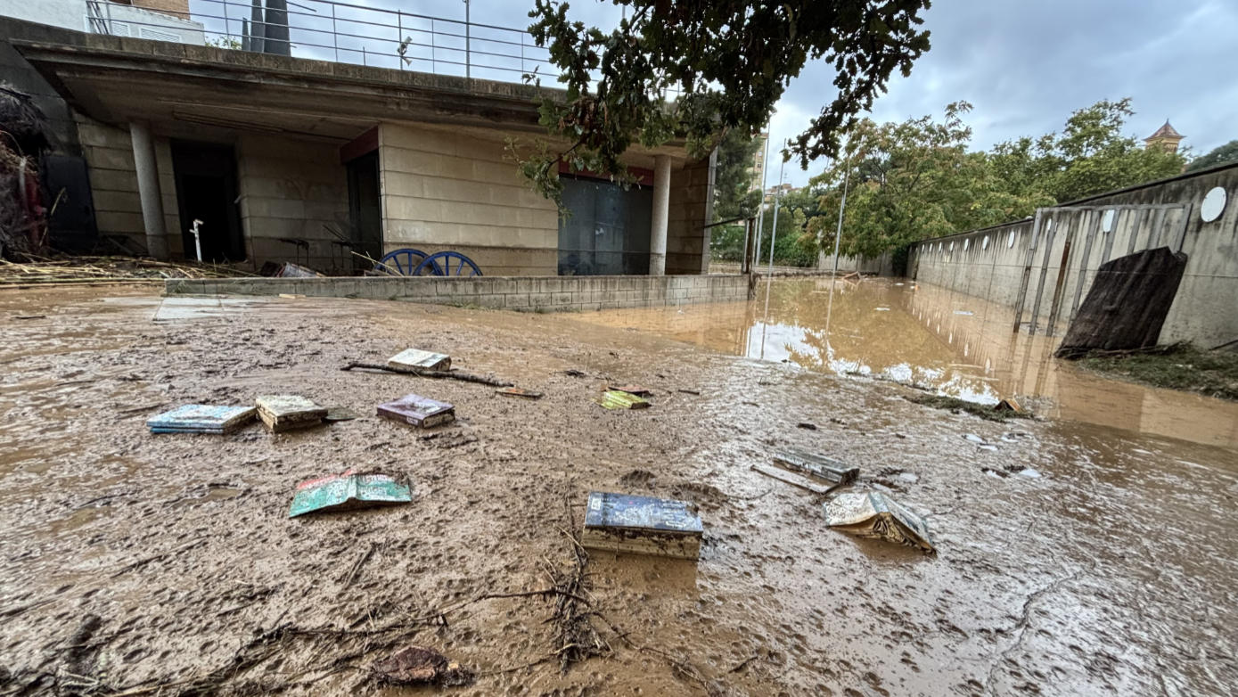 Exterior de la Biblioteca negat per l'aigua