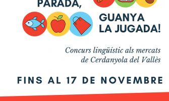 Cartell concurs lingüístic 'De parada en parada, guanya la jugada!' als mercats municipals de Cerdanyola