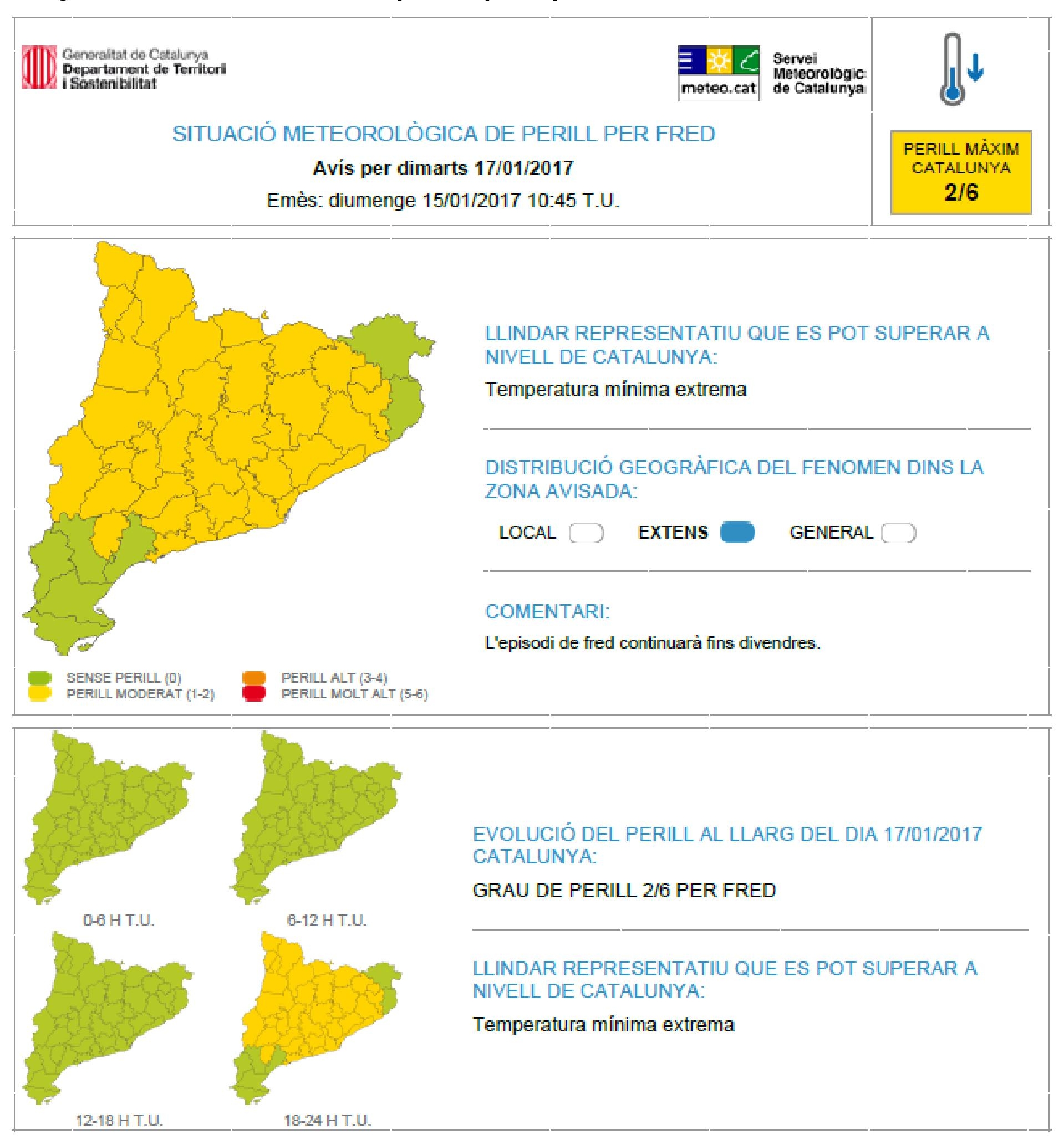 Incidència del fred el proper dimarts