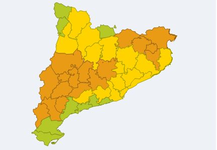 Mapa d'avís de situació Meteorològica de Perill entre les 12h i les 18h