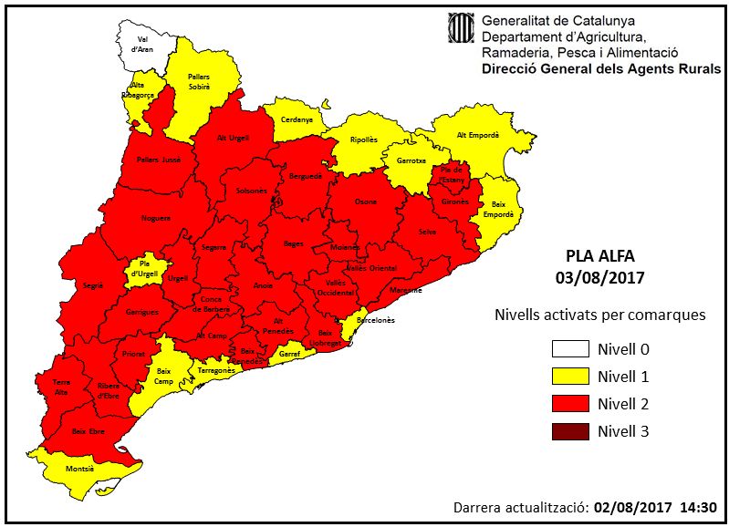 Mapa de Catalunya amb els nivells activats del pla Alfa