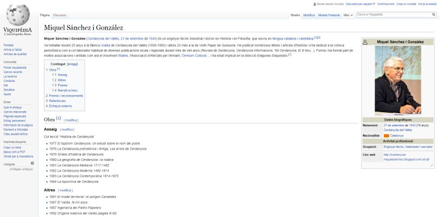 Captura de la fitxa d'en Miquel Sánchez a Viquipèdia