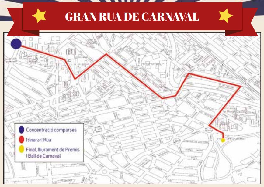 Mapa amb el recorregut de la Rua de Carnaval 2019 Mapa amb el recorregut de la Rua de Carnaval 2019