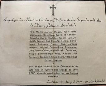 Document amb el nom de les persones executades a Cerdanyola durant la Guerra Civil