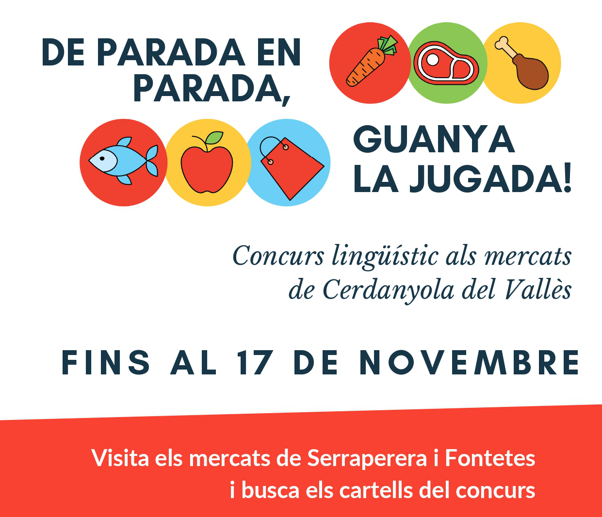 Cartell concurs lingüístic 'De parada en parada, guanya la jugada!' als mercats municipals de Cerdanyola