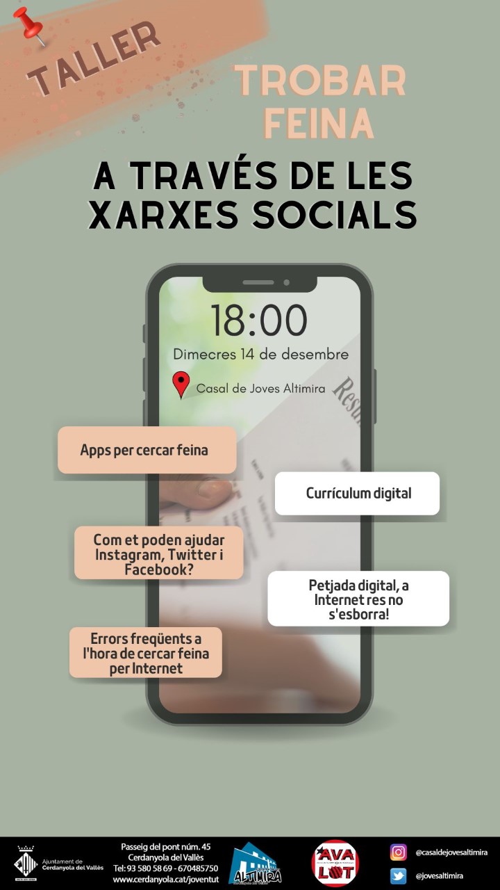 Cartell El Casal de Joves ofereix un taller sobre com trobar feina a travès de les xarxes socials