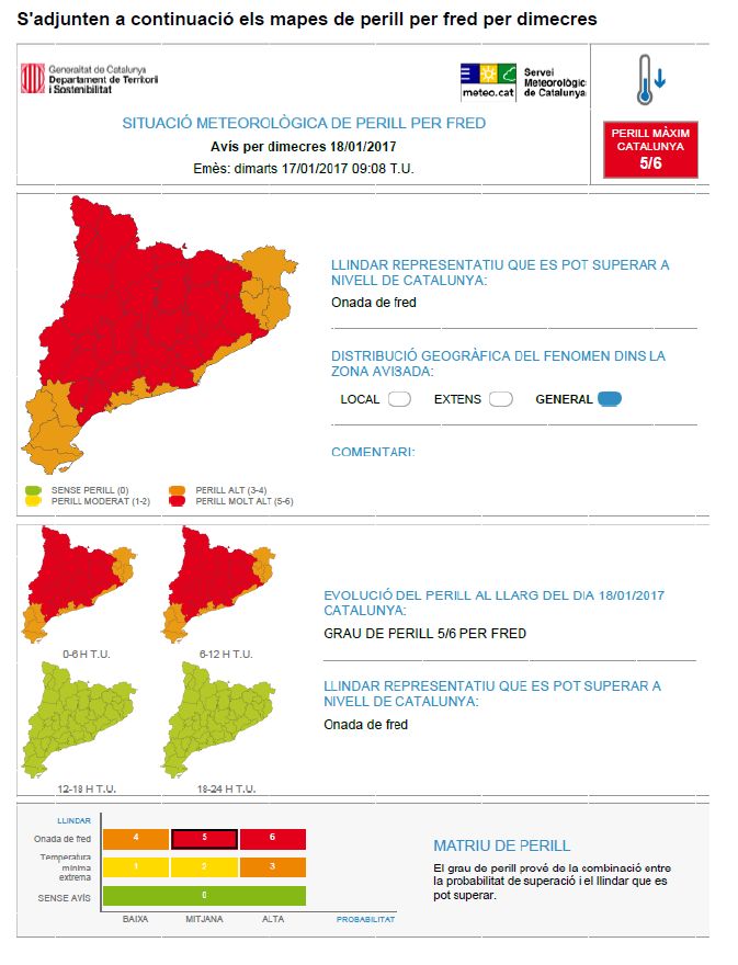 Mapes de perill per fred per dimecres 18 de gener del 2017